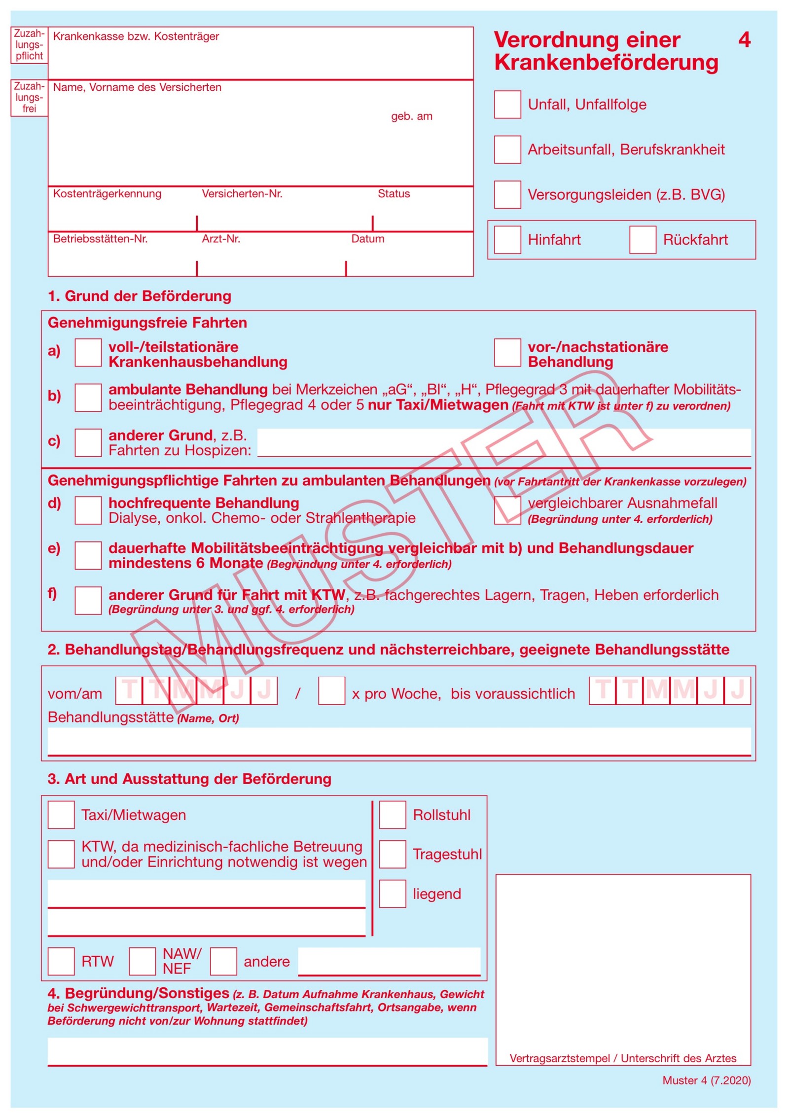 Muster 4 Verordnung einer Krankenbeförderung mit Info-Buttons